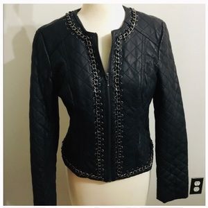 INC quilted stitch faux leather jacket with decorative trim trim